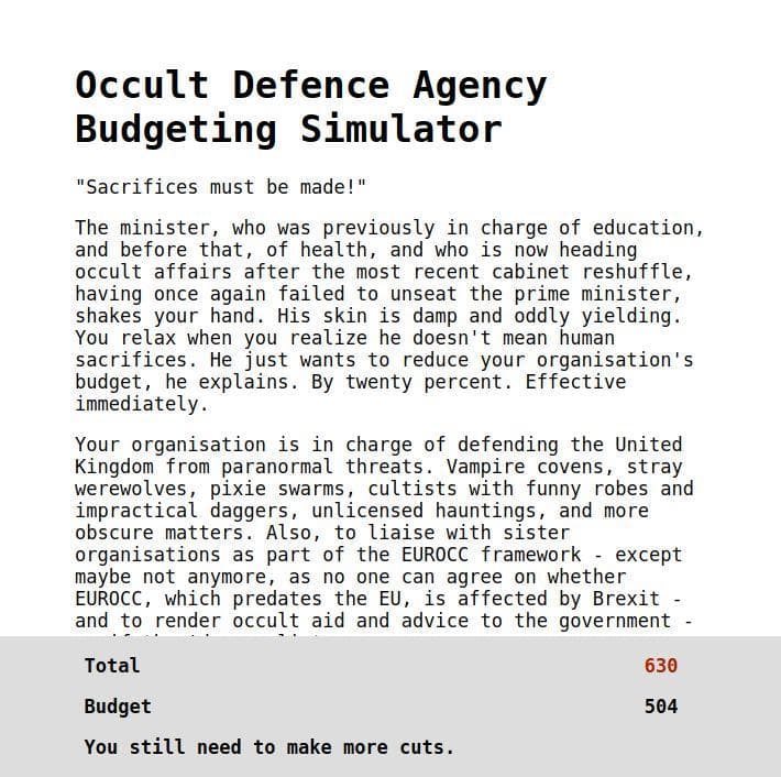 Occult Defence Agency Budgeting Simulator