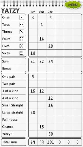 Yahtzee scoresheet screenshot 3