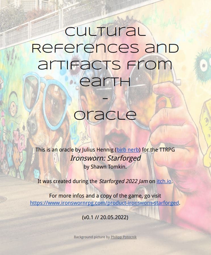Cultural References and Artifacts from Earth - Oracle (for "Ironsworn: Starforged" by Shawn Tomkin) screenshot 2