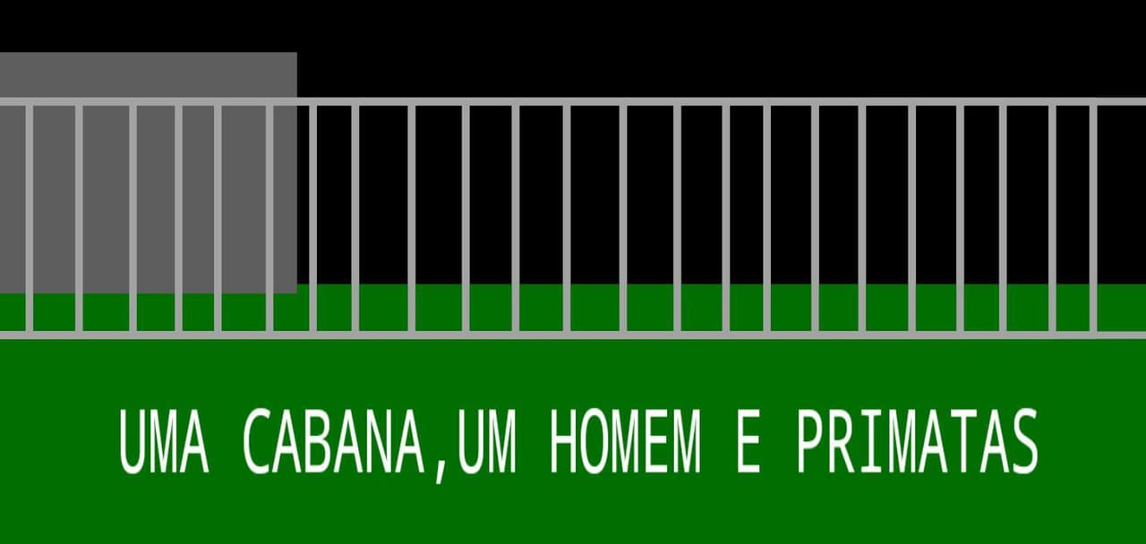 uma cabana,um homem e primatas