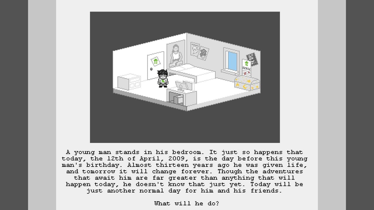 A young man stands in his bedroom