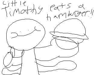 Little Timothy eats a hamburger
