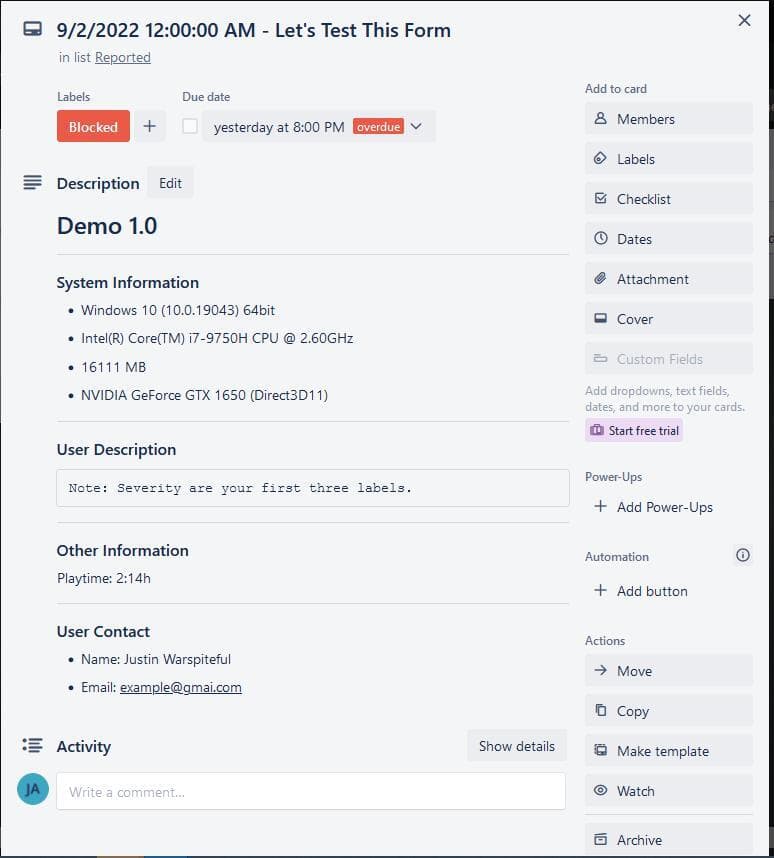 Trello Bug Submission Form