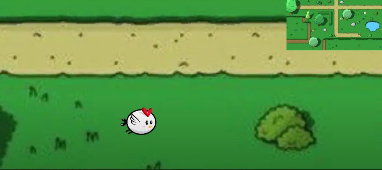 Chicken walking in a park simulation with a minimap.​