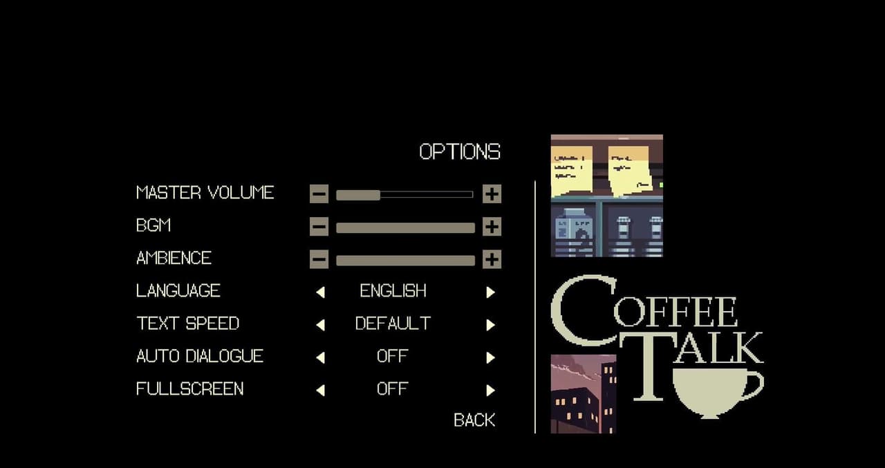Coffee Talk Front-End Splash, Start, and Options Demo
