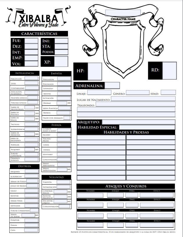 Hojas de personaje editables para Xibalba etntre polvora y jade screenshot 2