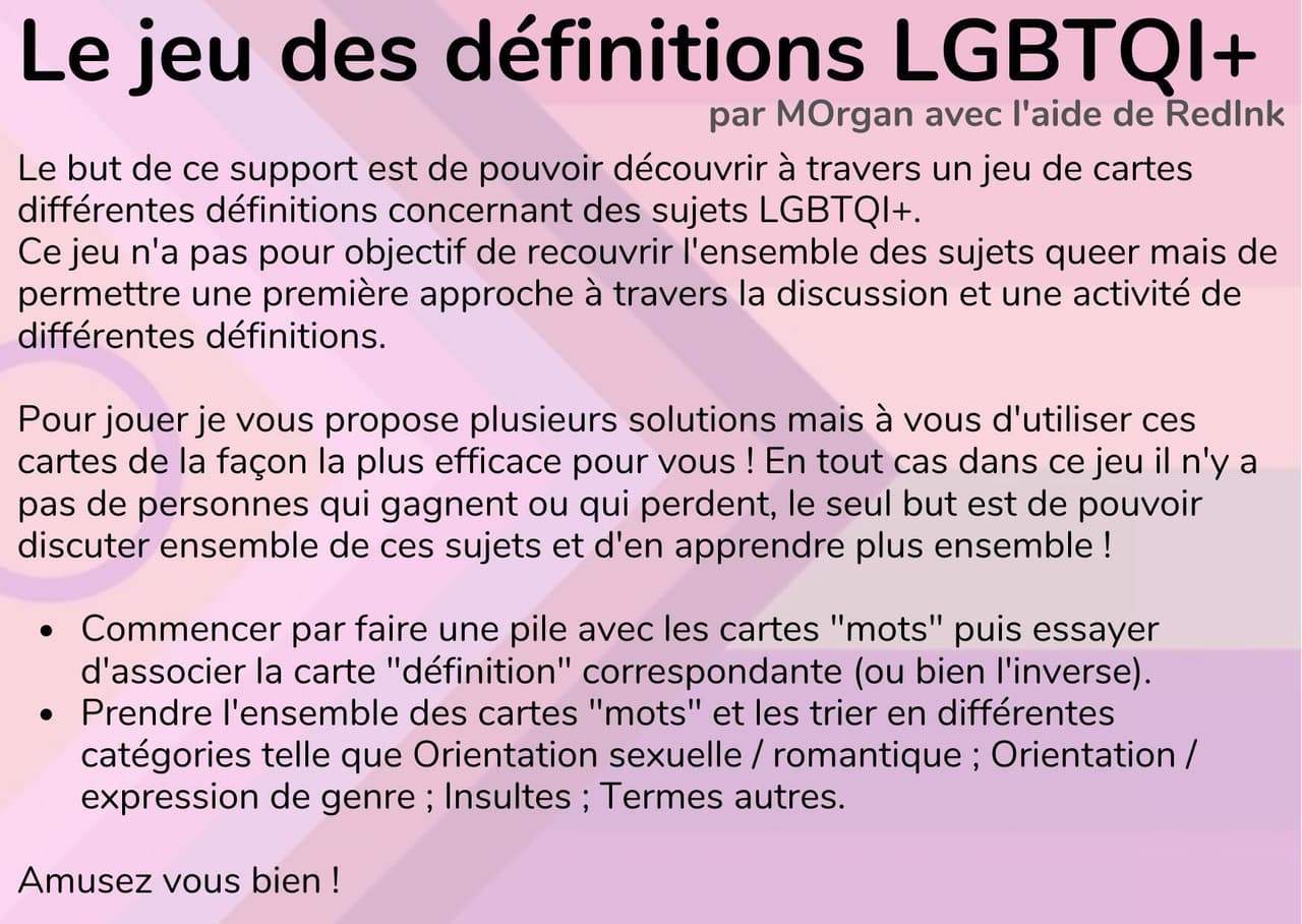 Jeu de cartes Définitions LGBTQI+