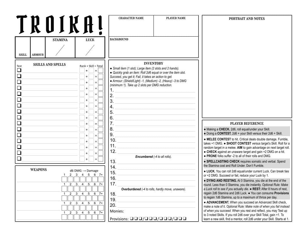Troika! Character Sheets