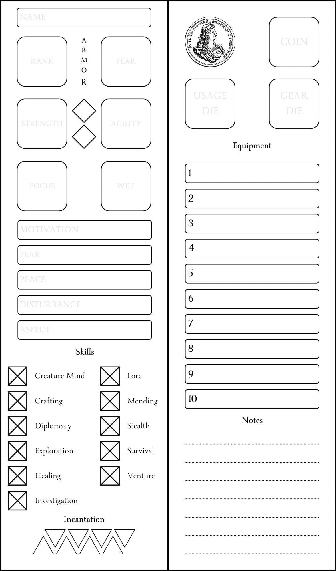 Fallen RPG Bookmark Character Sheet