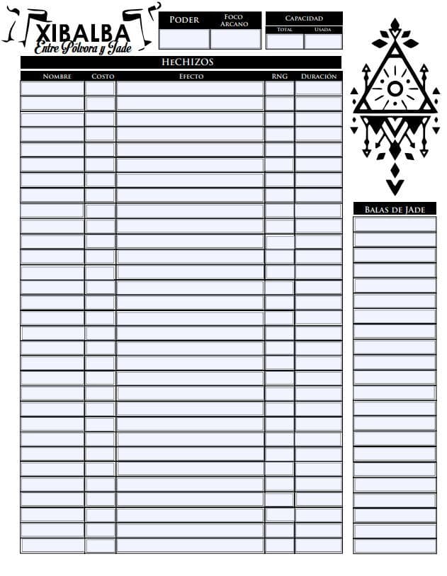 Hojas de personaje editables para Xibalba etntre polvora y jade
