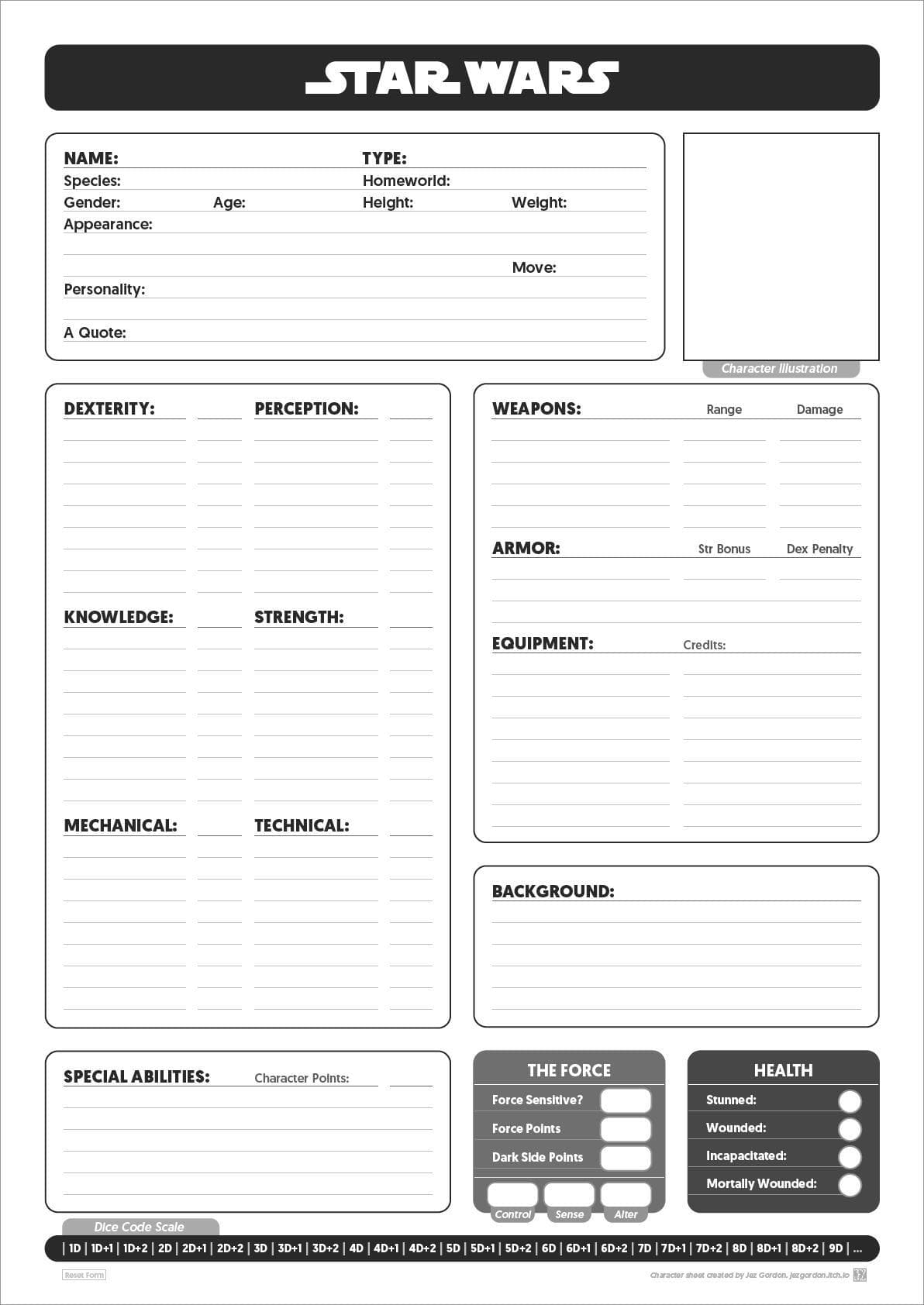 Star Wars D6 RPG Custom Character Sheet