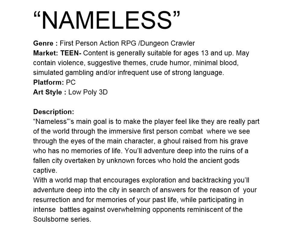 Game Pitch - Nameless a Souls-Like concept