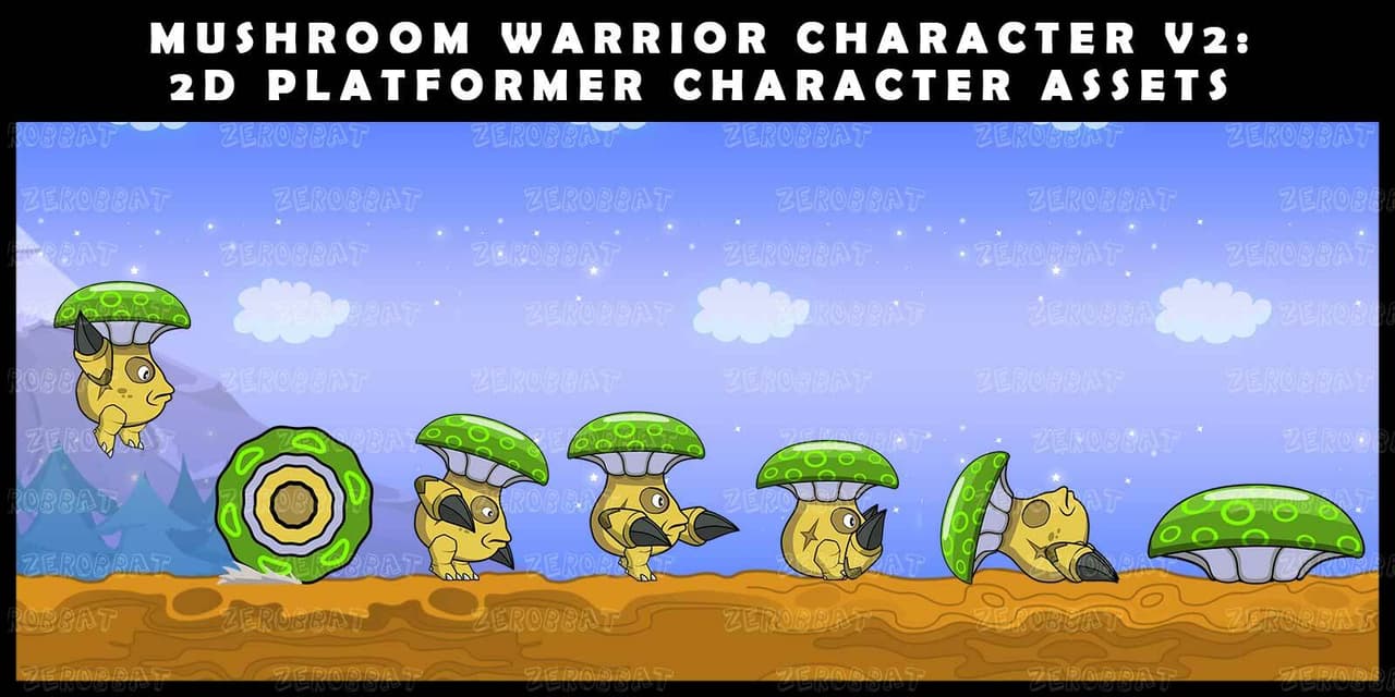 2d mushroom character sprite sheet: game asset graphics