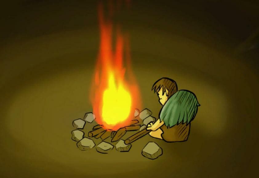 Caveman keeping a bonfire alive to survive the night (working title)