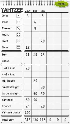Yahtzee scoresheet screenshot 2