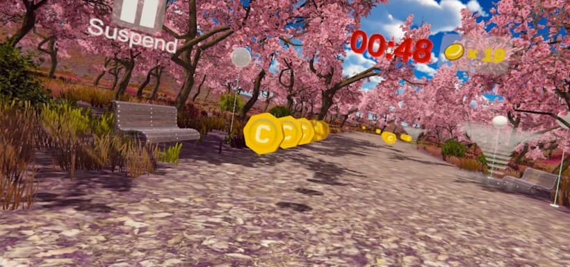 VR health care (running exercise): VR walking and running along beautiful seabeach and sakura forests